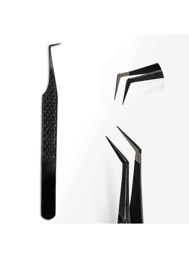 TDANCE Lash Tweezers for Eyelash Extensions, Diamond Grip 90 Degree Fiber Tip Lash Tweezers for Volume Lashes Make Fans, Stainless Steel Lash Extension Tweezers(Black-05) - Image 1