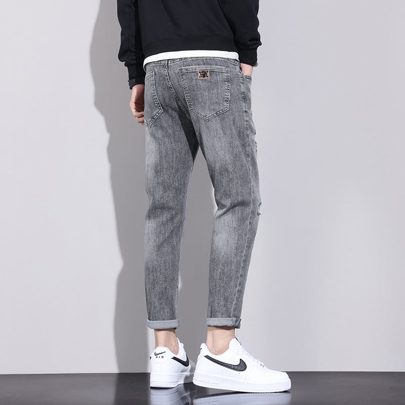 Seasonal New Product Douyin Jeans For Men, Handsome Trendy Brand, Versatile Elastic Ripped Pants For Boys, 2024 Style