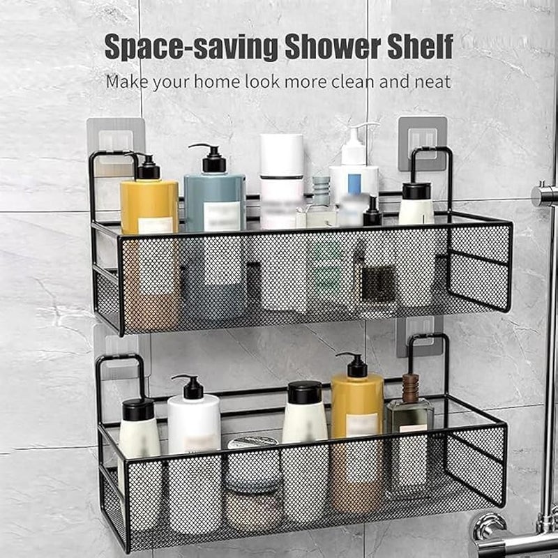 Metal Mesh Storage Rack Adhesive Wall Mount Hanging Organizer with Shampoo Basket and Holder Suitable for Bathroom, Kitchen, Garage 2 Hooks Black Synthetic Material (1 Piece) - Image 4