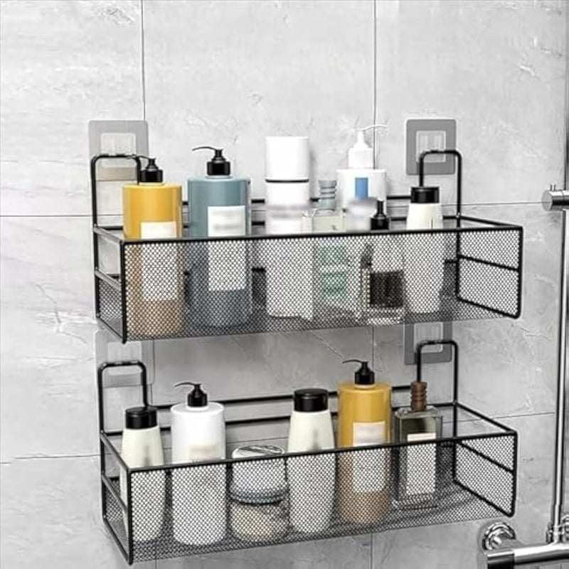 Metal Mesh Storage Rack Adhesive Wall Mount Hanging Organizer with Shampoo Basket and Holder Suitable for Bathroom, Kitchen, Garage 2 Hooks Black Synthetic Material (1 Piece) - Image 1