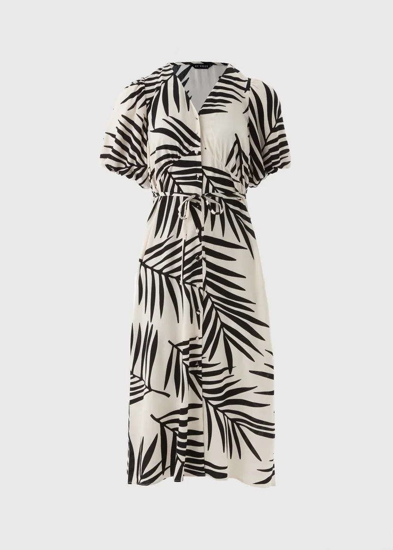ماتلان White Monochrome Leaf Belted Midi Tea Dress