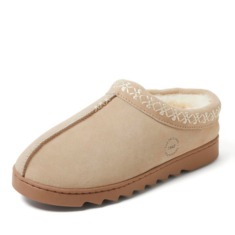 Dearfoams Women's Doreen Genuine Suede Clog with Embroidery, Sand, 9