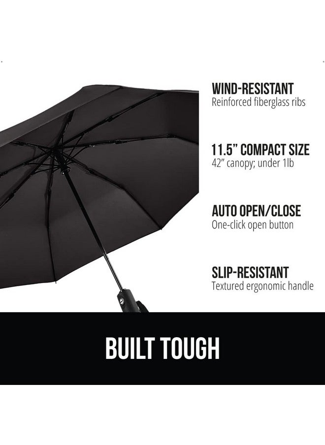 Gorilla Grip Windproof Compact Stick Umbrella for Rain, Travel One-Click Automatic Open and Close, Lightweight, Portable, Strong Reinforced Fiberglass Ribs, Easily Collapsible, Black