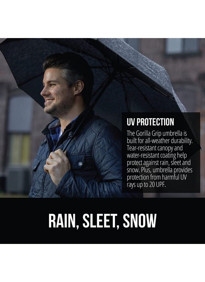 Gorilla Grip Windproof Compact Stick Umbrella for Rain, Travel One-Click Automatic Open and Close, Lightweight, Portable, Strong Reinforced Fiberglass Ribs, Easily Collapsible, Black