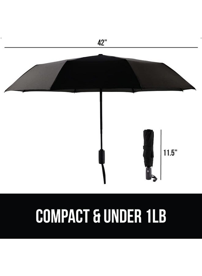 Gorilla Grip Windproof Compact Stick Umbrella for Rain, Travel One-Click Automatic Open and Close, Lightweight, Portable, Strong Reinforced Fiberglass Ribs, Easily Collapsible, Black