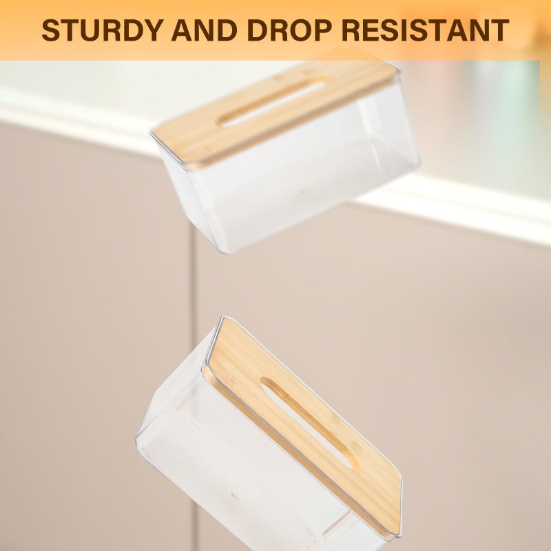 Clear Tissue Box Holder with a bamboo lid features a dryer sheet dispenser design perfect for bathroom and kitchen organization. Clear. - Image 3