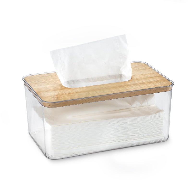 Clear Tissue Box Holder with a bamboo lid features a dryer sheet dispenser design perfect for bathroom and kitchen organization. Clear. - Image 1