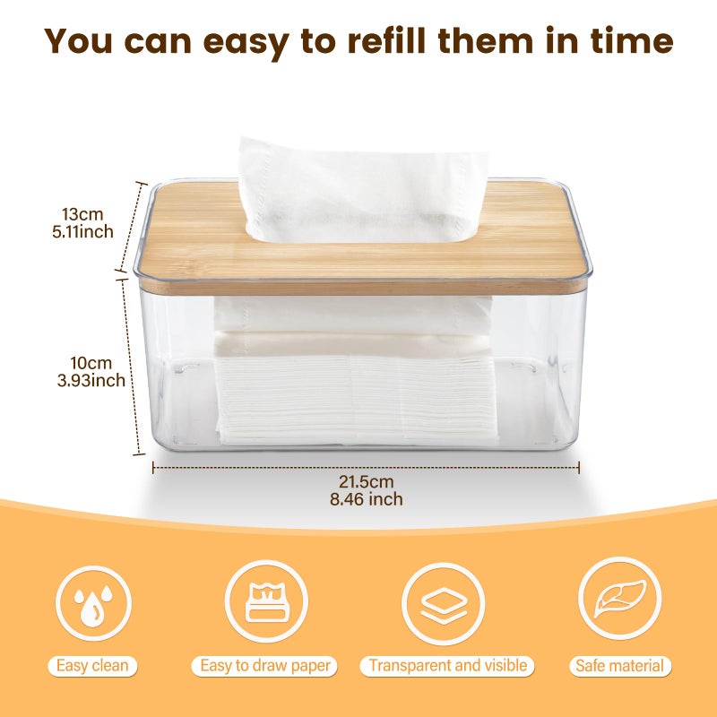 Clear Tissue Box Holder with a bamboo lid features a dryer sheet dispenser design perfect for bathroom and kitchen organization. Clear. - Image 4