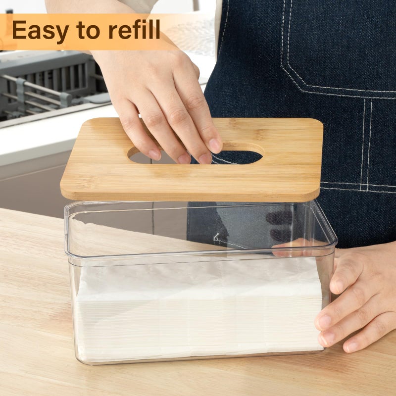 Clear Tissue Box Holder with a bamboo lid features a dryer sheet dispenser design perfect for bathroom and kitchen organization. Clear. - Image 2