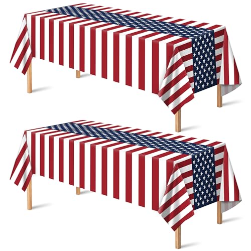 OHOME Veterans Day Decorations - Patriotic American Flag Plastic Tablecloth for 4th of July Decorations | Fourth of July Accessories for Home Outdoor Outside Party Favors,54"x108",2 Pack - Image 1