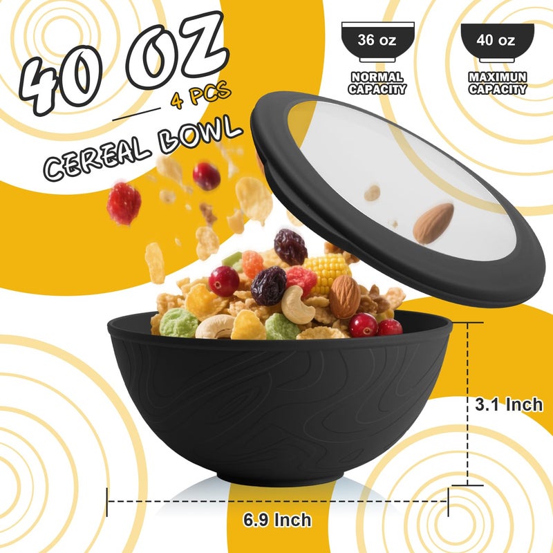 Perlapoc 40 OZ Unbreakable Cereal Bowls with Lids, Wheat Straw Bowls Set of 4 with Unique Pattern, Reusable Plastic Bowl for Cereal, Soup, Salad and Ramen, Indoor & Outdoor Essentials, Black - Image 2