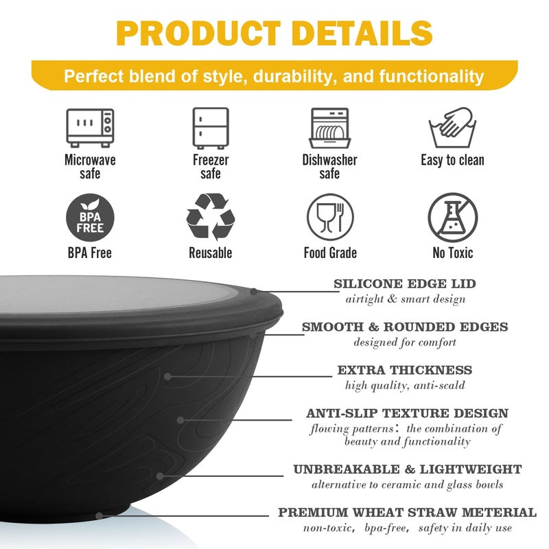 Perlapoc 40 OZ Unbreakable Cereal Bowls with Lids, Wheat Straw Bowls Set of 4 with Unique Pattern, Reusable Plastic Bowl for Cereal, Soup, Salad and Ramen, Indoor & Outdoor Essentials, Black - Image 3