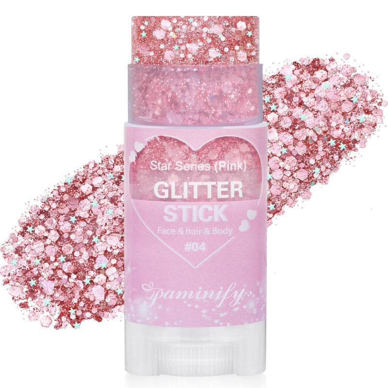 Paminify Valentine Pink Hair Glitter Stick,Cheer Body Face Glitter,Waterproof Singer Concert Music Festival Pink Out Accessories for Spirit Week,Halloween Shimmer Holographic Body Paint - Image 1