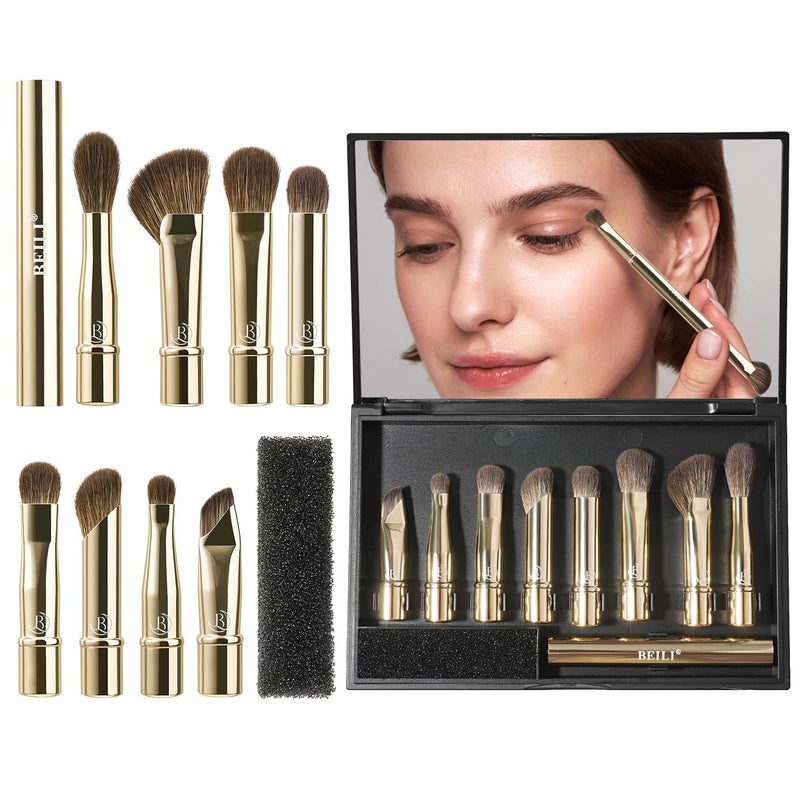 BEILI Travel Eye Makeup Brushes Set 8pcs Removable Double Sided Makeup Brush with Mirror Box Removal Cleaner Sponge Golden