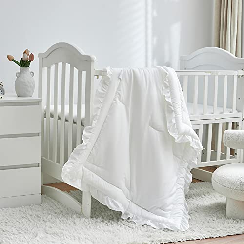 Uozzi Bedding 3 Pieces Crib Bedding Set Baby Ruffle Quilted Comforter with Fitted Sheet and Pillowcase - Cute Ruffled Shabby Chic Bedding Soft Blanket Design White - Image 2