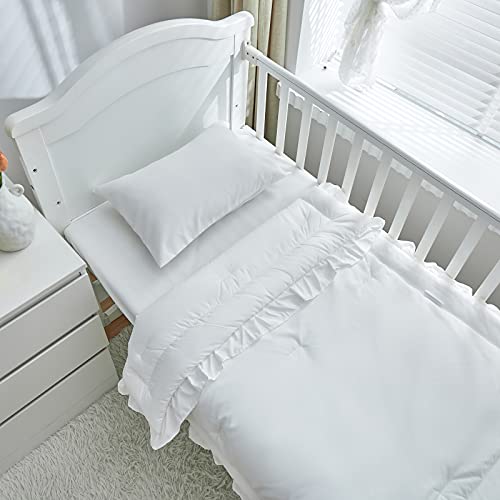 Uozzi Bedding 3 Pieces Crib Bedding Set Baby Ruffle Quilted Comforter with Fitted Sheet and Pillowcase - Cute Ruffled Shabby Chic Bedding Soft Blanket Design White - Image 5