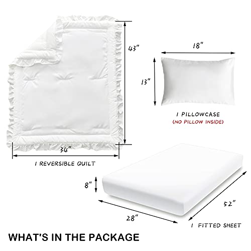 Uozzi Bedding 3 Pieces Crib Bedding Set Baby Ruffle Quilted Comforter with Fitted Sheet and Pillowcase - Cute Ruffled Shabby Chic Bedding Soft Blanket Design White - Image 4