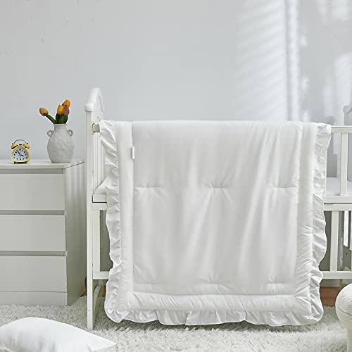 Uozzi Bedding 3 Pieces Crib Bedding Set Baby Ruffle Quilted Comforter with Fitted Sheet and Pillowcase - Cute Ruffled Shabby Chic Bedding Soft Blanket Design White - Image 3