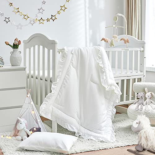 Uozzi Bedding 3 Pieces Crib Bedding Set Baby Ruffle Quilted Comforter with Fitted Sheet and Pillowcase - Cute Ruffled Shabby Chic Bedding Soft Blanket Design White - Image 1