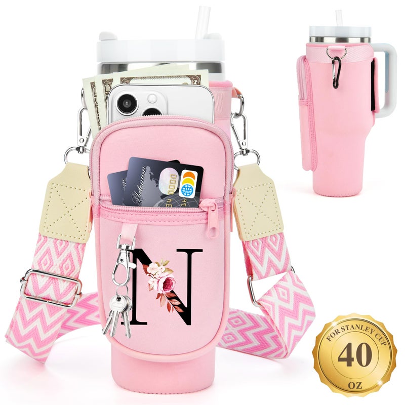 LOKASS Personalized Water Bottle Holder with Strap for Stanley Cup Accessories 40 oz Initial for Stanley Cup Holder Carrier Bag with Phone Pocket Stylish Tumbler Accessories Gifts for Women Pink - Image 2
