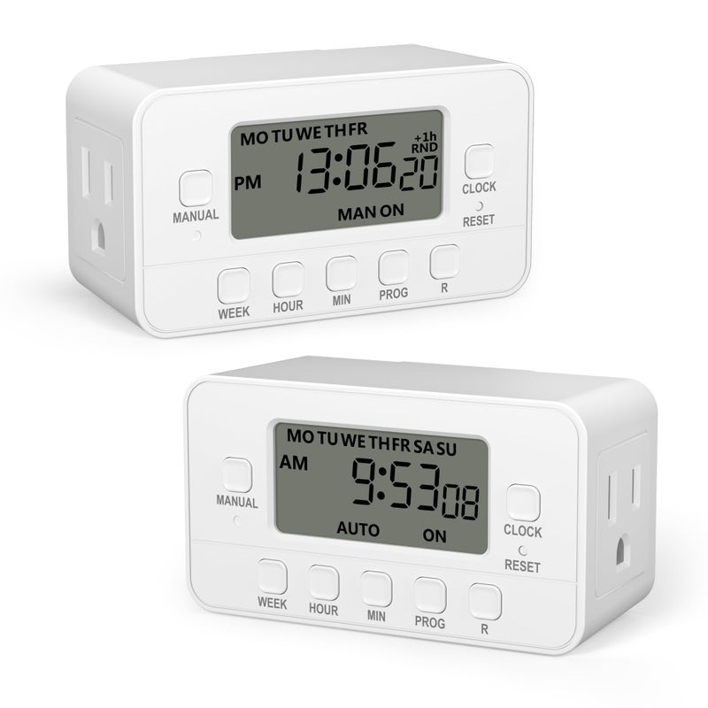 BNLINK 7Day Heavy Duty Digital Timer with Dual Outlet LCD Display 3Prong Programmable Design for Lights Fans Coffee Machine Home Office Indoor Use 125V 15A 1875W 2 Pack