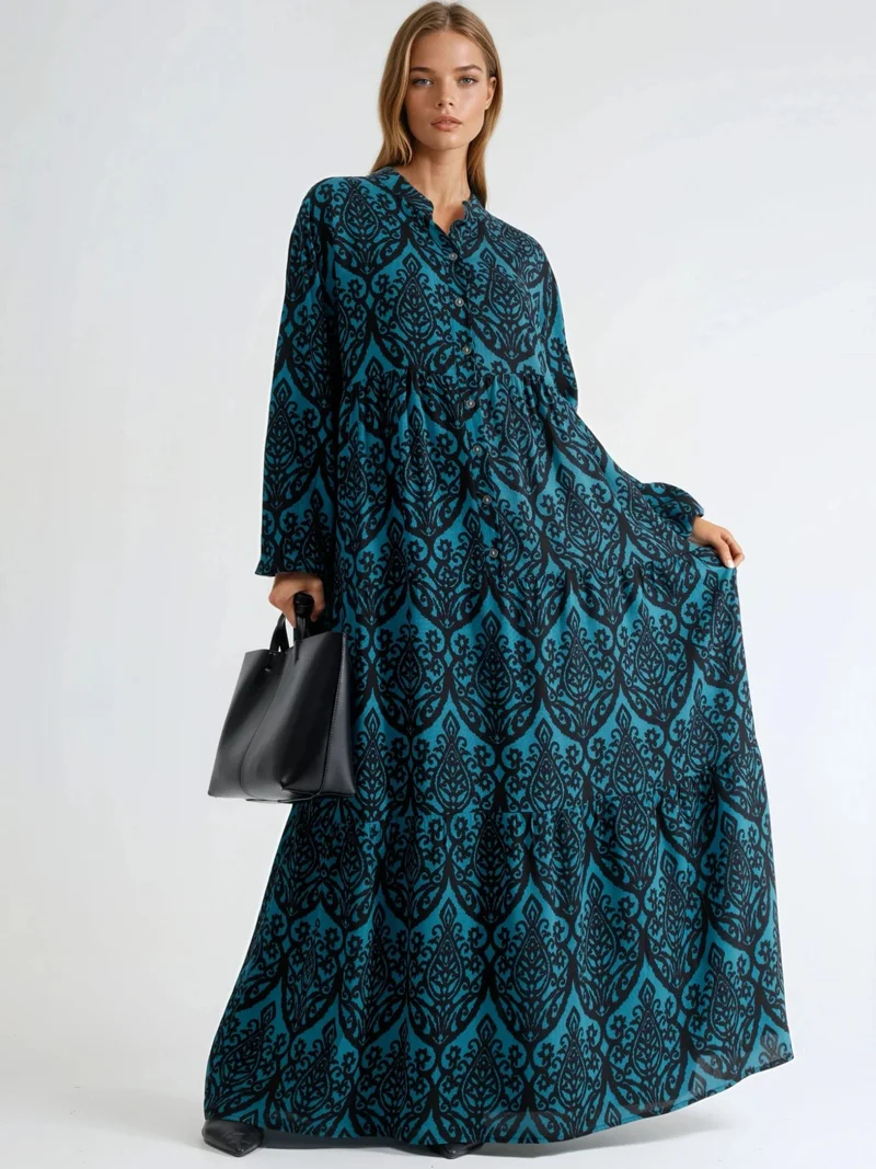 HICCUP Comfort Fit Patterned Maxi Dress with V-Neck