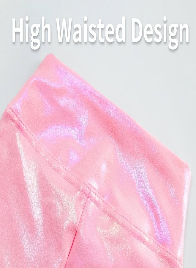 Gnainach Girls Metallic Leggings Size 6-7 Years Old Holographic Pink Comfort High Waisted Yoga Pants for Kids Dance Running - Image 4