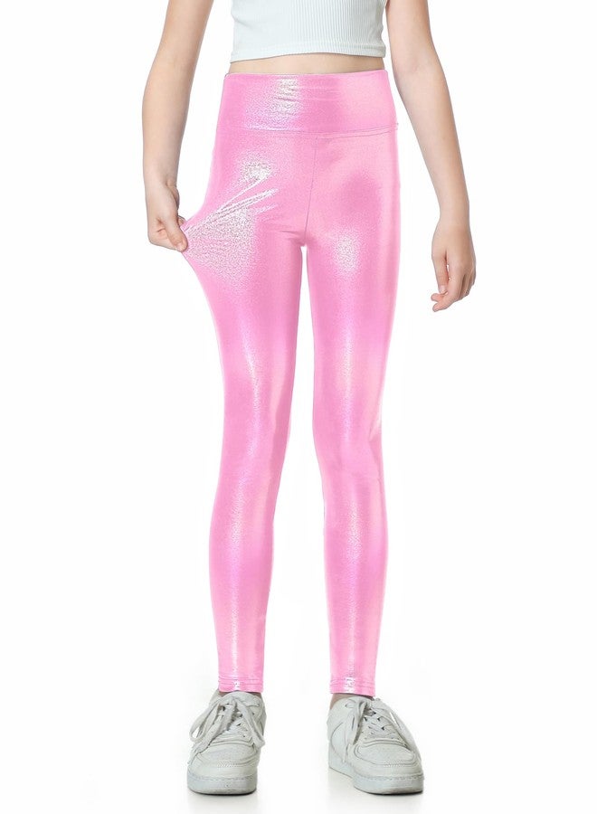 Gnainach Girls Metallic Leggings Size 6-7 Years Old Holographic Pink Comfort High Waisted Yoga Pants for Kids Dance Running - Image 3