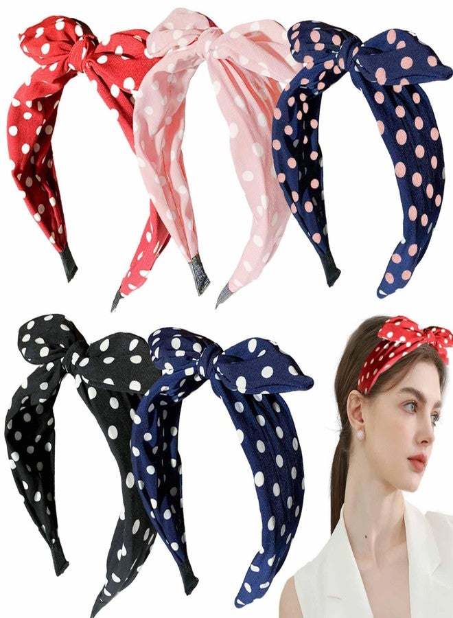 KuuGuu 5 PCS Polka Dot Headbands for Women Girls Bunny Ear Knotted Bow Head bands Cute Retro Wide Headdress Fashion Anti-slip Hair Accessories Daily Birthday Party Christmas Hair Decoration （5 Color） - Image 1