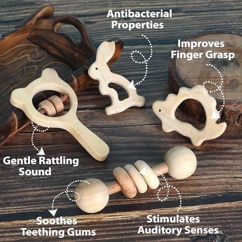 Babbles Neem Wood Teethers for Babies | Wooden Teethers for 6 to 12 Months Baby | Natural and Antibacteria (Rabbit+Turtle+Dumbbell+Micky) - Image 2