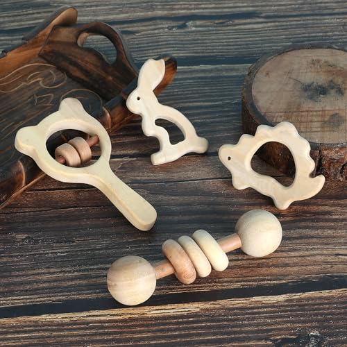 Babbles Neem Wood Teethers for Babies | Wooden Teethers for 6 to 12 Months Baby | Natural and Antibacteria (Rabbit+Turtle+Dumbbell+Micky) - Image 1