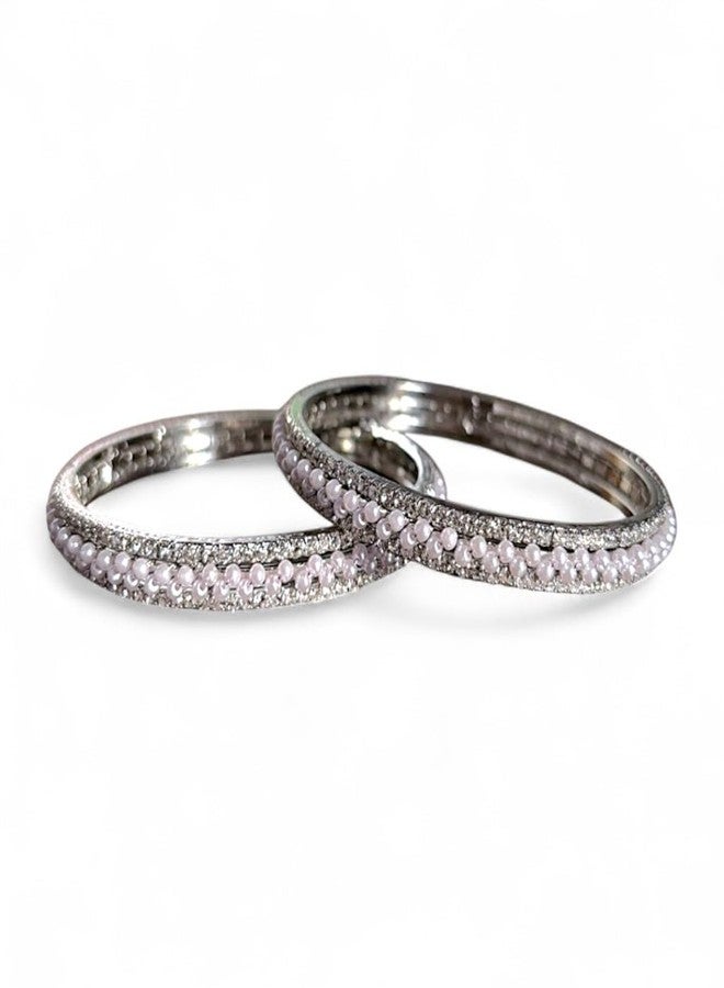 ACCESSHER Elegant Silver-Tone Beaded Faux Pearl Kada Set | Stylish Kangan Jewellery Set with Rhinestone Detailing | Traditional Bangle Set for Women & Girls (Set Of 2) (2.6) - Image 1