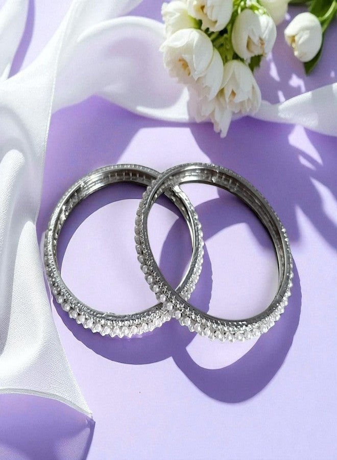 ACCESSHER Elegant Silver-Tone Beaded Faux Pearl Kada Set | Stylish Kangan Jewellery Set with Rhinestone Detailing | Traditional Bangle Set for Women & Girls (Set Of 2) (2.6) - Image 4