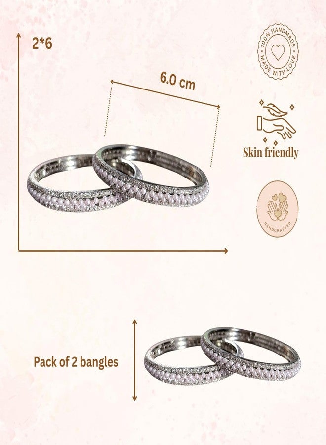ACCESSHER Elegant Silver-Tone Beaded Faux Pearl Kada Set | Stylish Kangan Jewellery Set with Rhinestone Detailing | Traditional Bangle Set for Women & Girls (Set Of 2) (2.6) - Image 5