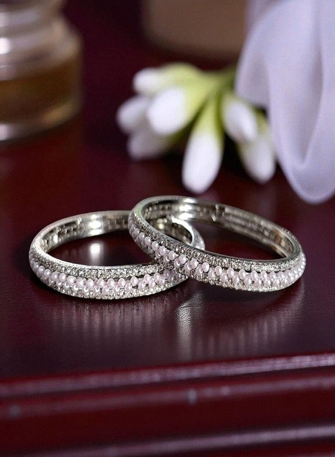 ACCESSHER Elegant Silver-Tone Beaded Faux Pearl Kada Set | Stylish Kangan Jewellery Set with Rhinestone Detailing | Traditional Bangle Set for Women & Girls (Set Of 2) (2.6) - Image 3