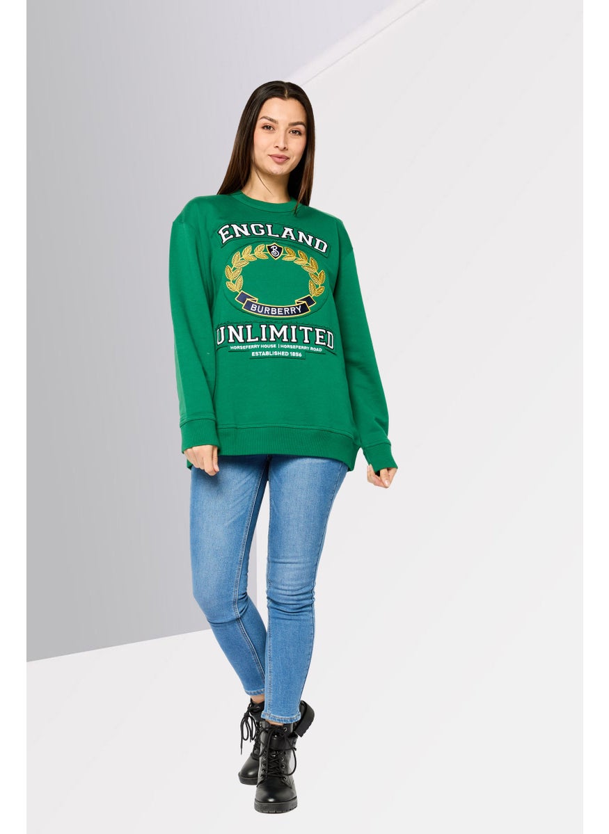 BURBERRY Women Crew Neck Embroidered Long Sleeves Sweatshirt, Green Combo  - Image 2