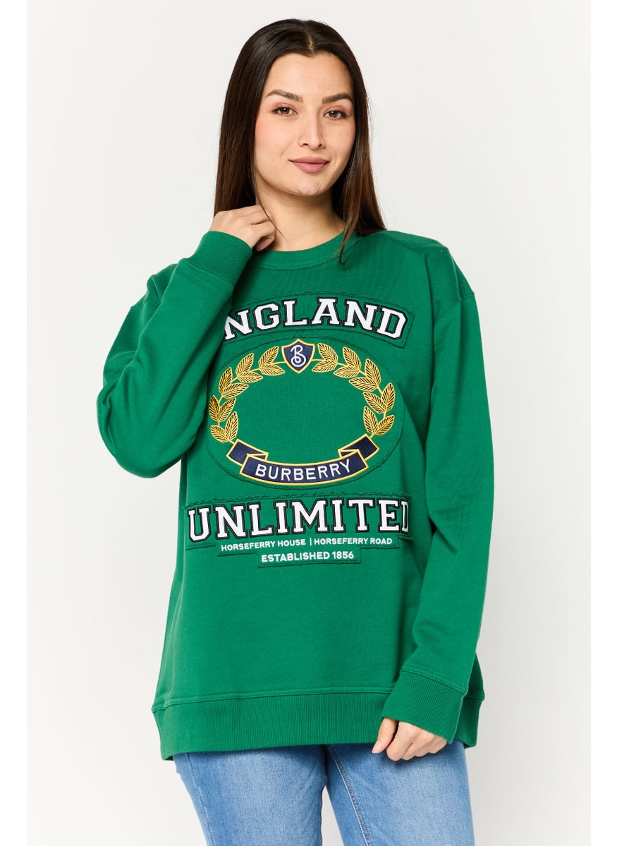 BURBERRY Women Crew Neck Embroidered Long Sleeves Sweatshirt, Green Combo  - Image 1
