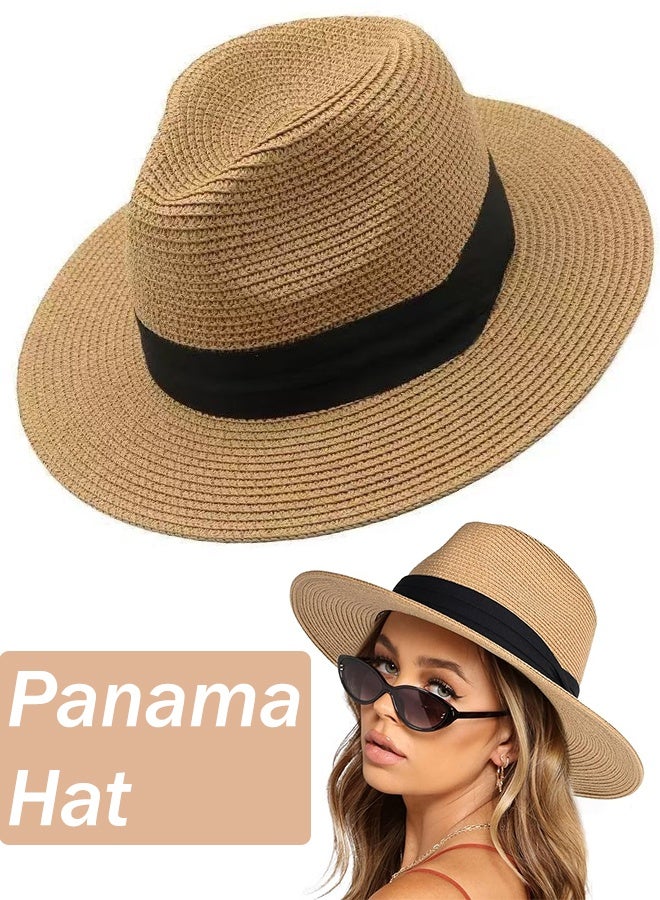 Womens Mens Wide Brim Straw Panama Hat  Summer Beach Sun Hat UPF Straw Hat For Women - Image 1