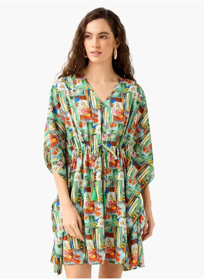 Splash FAV Printed Kaftan Cover Up with Tie-Up and V-neck