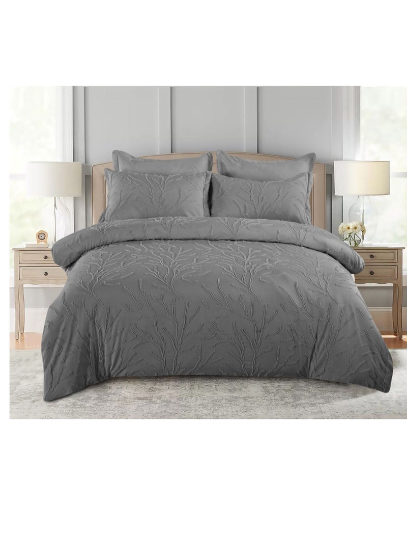 Classy Comforter Set King size Tufted Leaf Patterns  Light Weight Textured Whole Piece Fitted Bedding Set, Comforter,Tufted Pillowcase silver