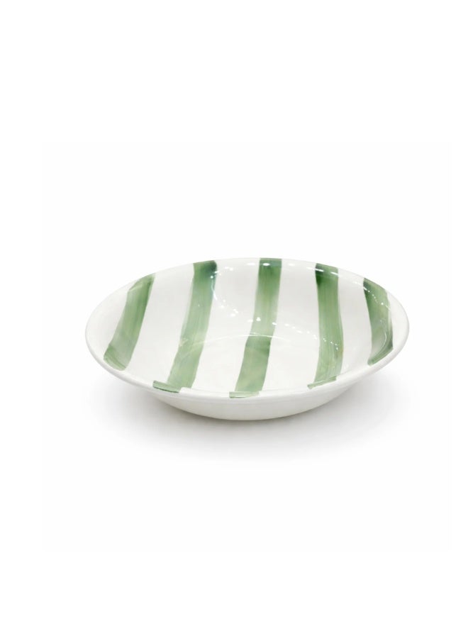 AKDC Luphar Ceramic Soup Plate Â€“ 21 Cm Â€“ Rimmed Shape Â€“ White Gloss With Green Hand-Painted Stripe Design - Image 1