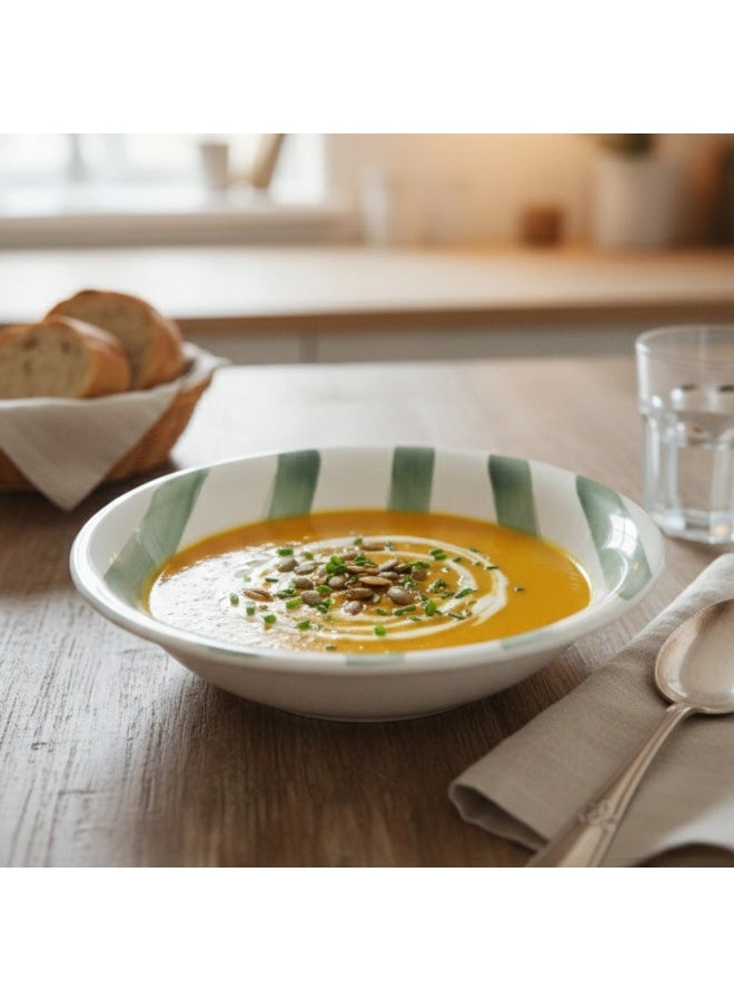AKDC Luphar Ceramic Soup Plate Â€“ 21 Cm Â€“ Rimmed Shape Â€“ White Gloss With Green Hand-Painted Stripe Design - Image 2