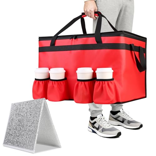 CIVJET Insulated Food Delivery Bag with 4 Cup Holders and Bottom Support, XXX-Large Insulated Grocery Bags Keep Food Hot/Cold, Cooler Bags with Drink Carrier, Food Carrier Catering Bag for Events, Red - Image 1