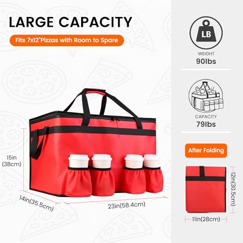 CIVJET Insulated Food Delivery Bag with 4 Cup Holders and Bottom Support, XXX-Large Insulated Grocery Bags Keep Food Hot/Cold, Cooler Bags with Drink Carrier, Food Carrier Catering Bag for Events, Red - Image 2