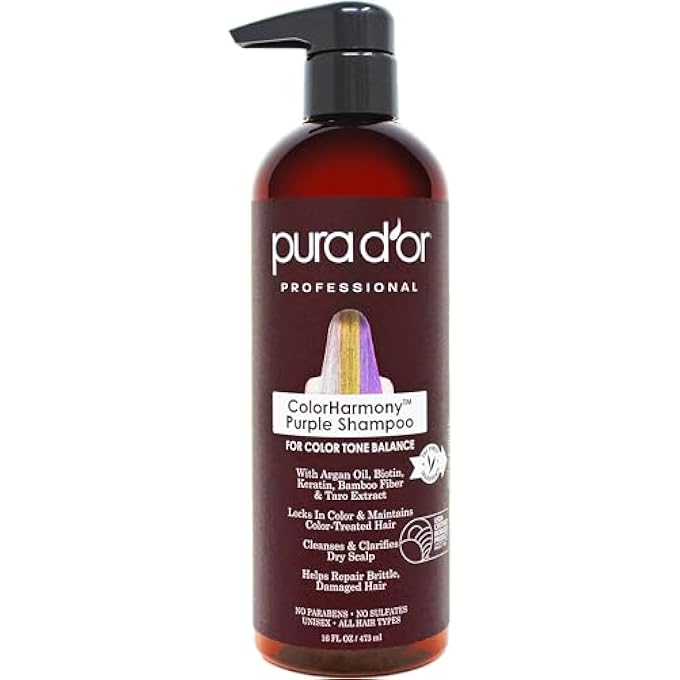 Pura d'or COLORHARMONY PURPLE SHAMPOO (16OZ) FOR BLEACHED, BLONDE, SILVER & COLOR TREATED HAIR - KERATIN, BAMBOO FIBER, NO SULFATES, NATURAL INGREDIENTS - MEN & WOMEN - Image 1