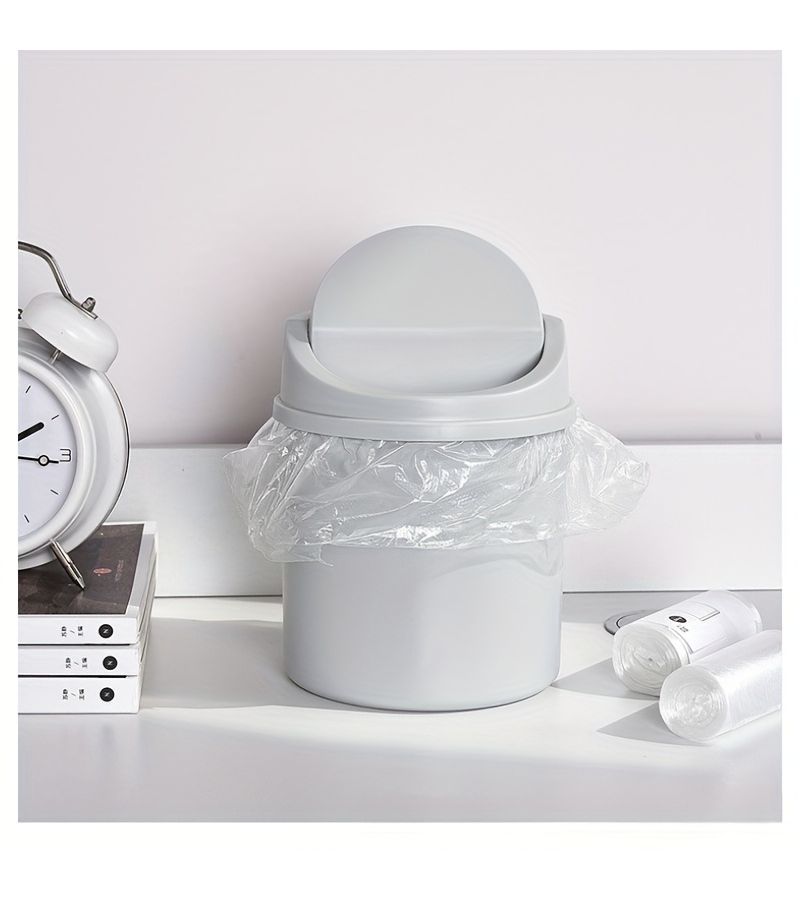 Gray Compact Mini Desktop Trash Can With Lid Durable Odor Proof Plastic Oval Design For Bedroom Home Office Organization Small Space Solution Waste Management Modern Organizer - Image 1