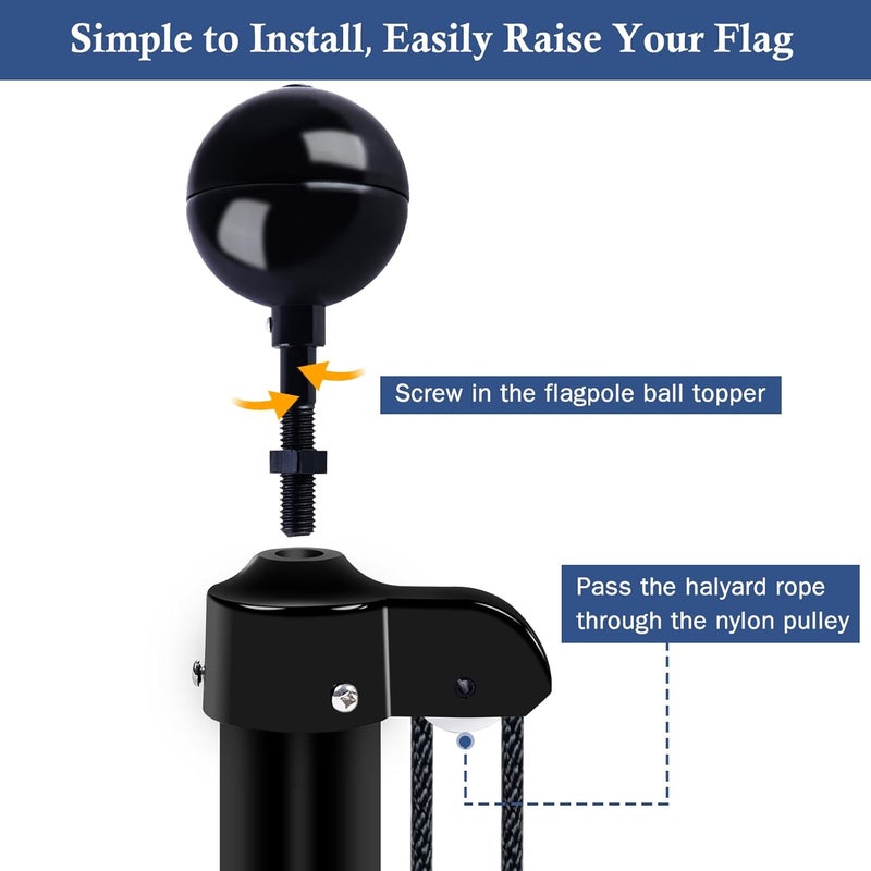NQ Flag Pole Ball Topper Ornament - Flagpole Top Replacement, Aluminum Anodized Finish - 1/2"-13UNC Threading Fit Most USA Flag Pole,Truck & Solar Light (3", Black) - Image 3