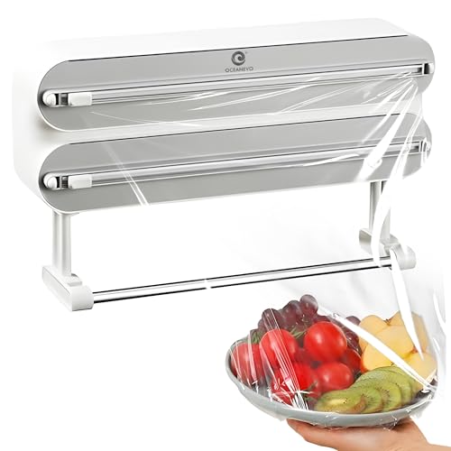 OCEANEVO 3-in-1 Magnetic Foil Paper Cutter and Holder, Cling Food Wrap Dispenser with Cutter, Kitchen Tissue Roll Holder | Silver Design, 1-Year Warranty - Image 1