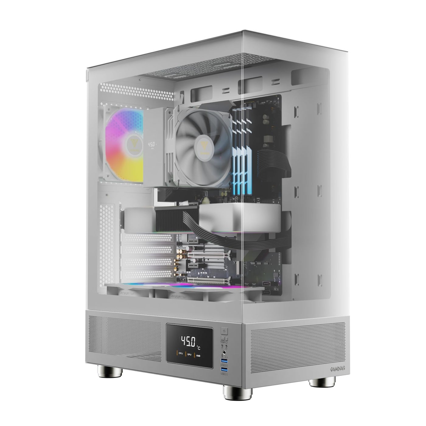 GAMDIAS White ATX Mid Tower Computer Case with Tempered Glass, Gaming PC Case w/Temperature Display & 3X 120mm ARGB Fans, Support Up to 5X Fans, 240mm AIO/Radiator, 340mm GPU/VGA, 160mm CPU Cooler