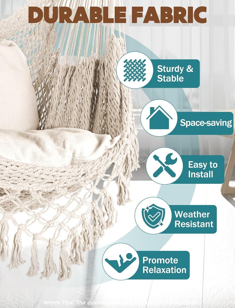 Chihee Hanging Chair Large Hammock Chair Soft Spun Cotton Rope Weave Chair Strong Metal Spreader Bar Wide Seat Lace Swing Chair Indoor Outdoor Garden Yard Theme Decoration - Image 2